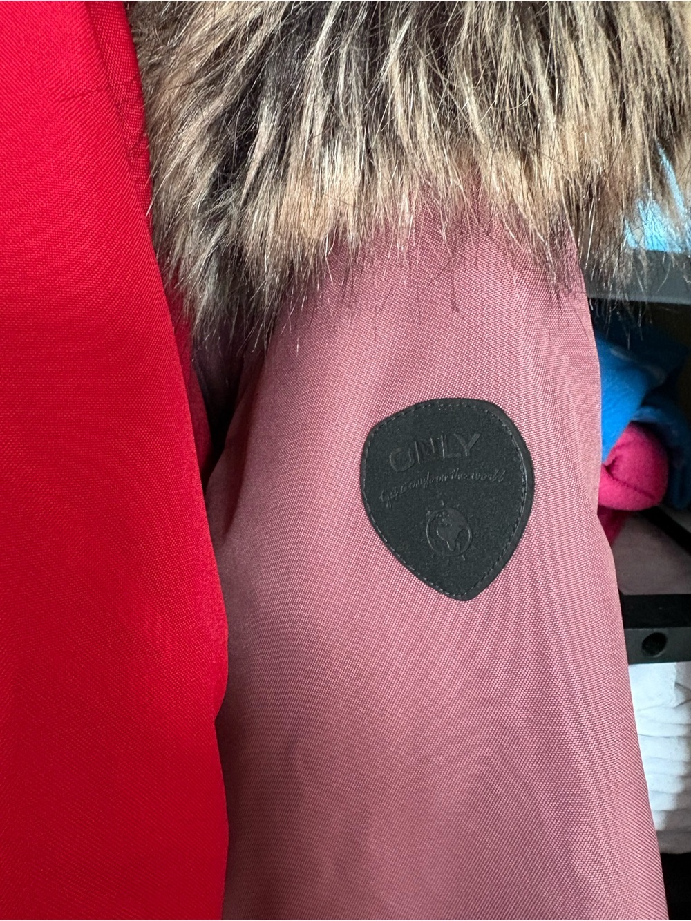 ONLY Two-Tone Trench Coat with Faux Fur Hood in Dusty Rose and Red